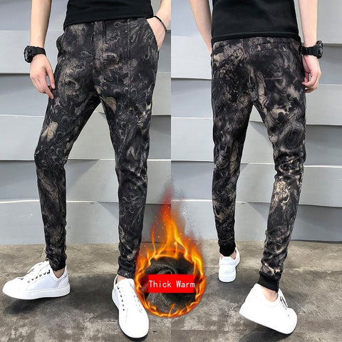 Autumn Winter Floral Pants Men Thick Warm Slim Pants Casual Streetwear Trousers Men